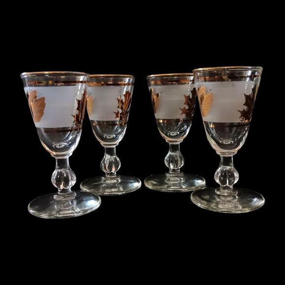 Libbey Golden Foliage Cordial Glasses Frosted Stemmed Gold Oak Leaf MCM Mad Men. - Picture 11 of 16